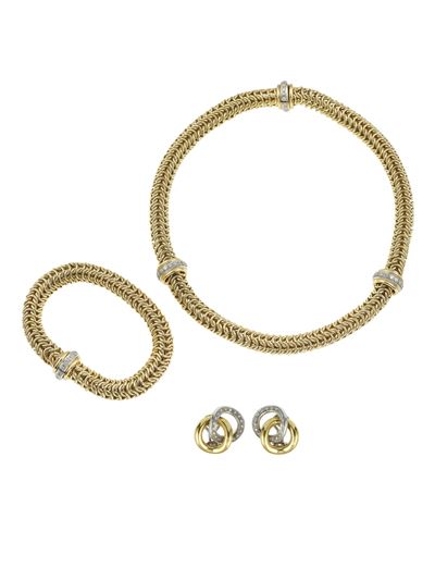 Demi-parure, collana, bracciale e orecchini con piccoli diamanti, montature in oro bianco e giall...