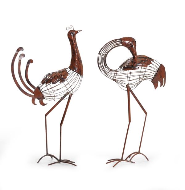 Coppia di uccelli del paradiso in metallo. XX secolo