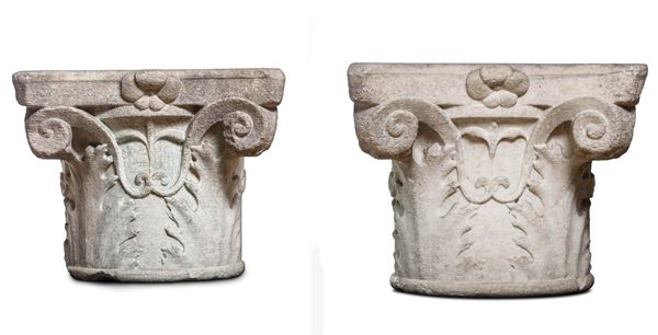 Due capitelli compositi. Lapicida rinascimentale, Italia XV-XVI secolo
