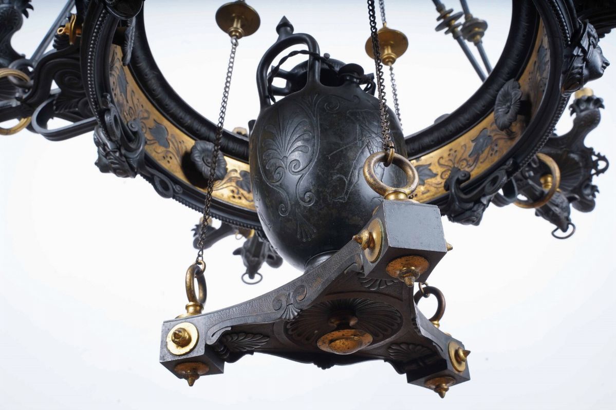 Lampadario in Bronzo Brunito e Bronzo Dorato, Francia, Seconda Metà del XIX Secolo