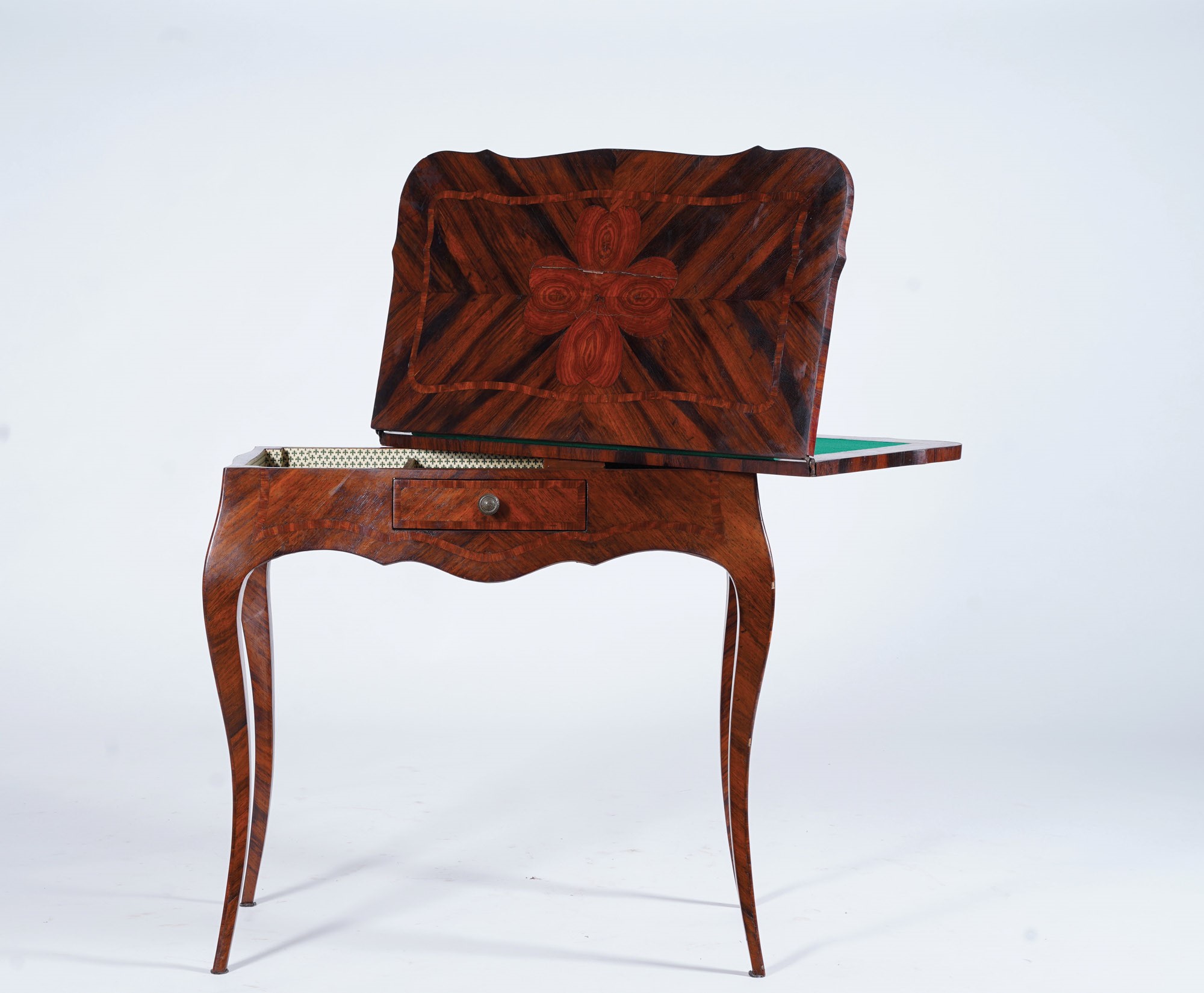 Tavolino da Gioco a Libro Lastronato in Palissandro e Intarsiato in Bois De Rose, Genova XIX Seco...