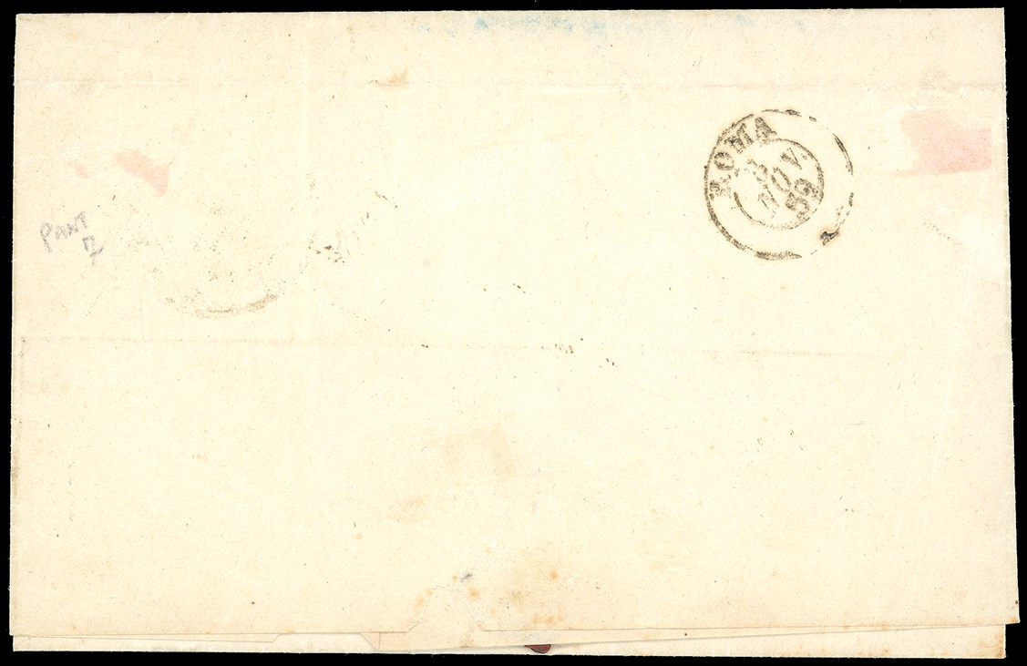 Lettera da Manciano per Roma, 1 novembre 1859, affrancata con coppia del 2 crazie verde su bianco...