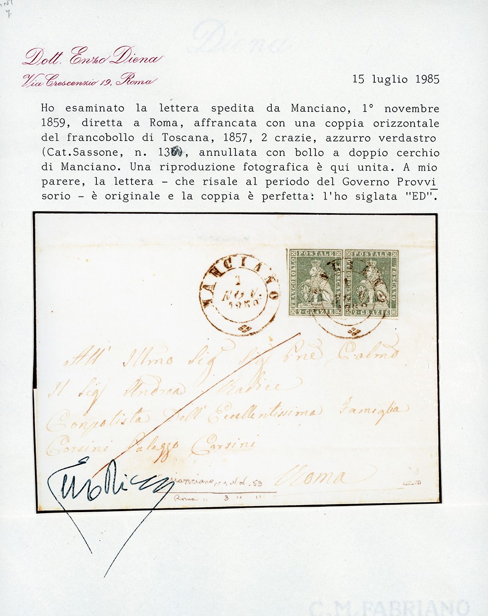 Lettera da Manciano per Roma, 1 novembre 1859, affrancata con coppia del 2 crazie verde su bianco...