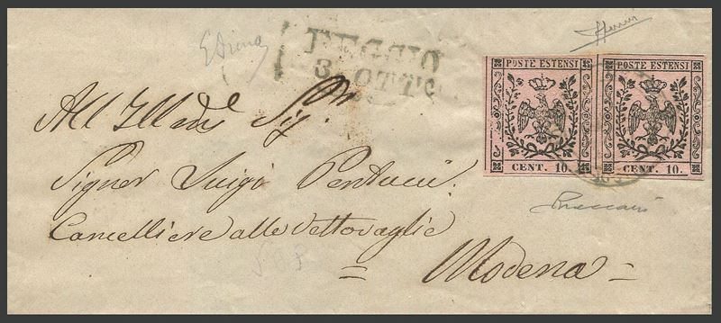 1859, Modena, Cisappennino Modenese, lettera da Reggio per Modena del 3 ottobre 1859  - Asta Storia Postale e Filatelia - Cambi Casa d'Aste