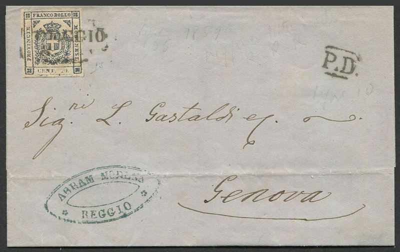 1859, Modena, Cisappennino, Governo Provvisorio, lettera da Reggio per Genova dell'8 novembre 1859  - Asta Storia Postale e Filatelia - Cambi Casa d'Aste