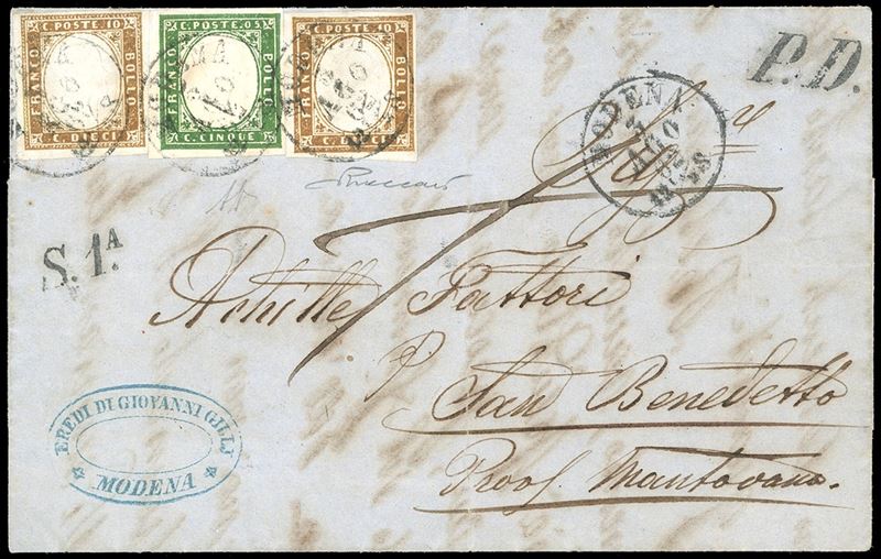 1862 - Sardegna - Lettera da Modena per San Benedetto del 3 agosto affrancata per 25c dalla I distanza italiana alla I distanza austriaca, con 5c e due es. del 10 cent. di Sardegna. Bolli accessori "P.D." e "S.1A" in nero. Al verso bollo dell'ambulante "Bologna-Milano" e di Codogno del 3 agosto.  - Asta Filatelia e Storia Postale - Cambi Casa d'Aste