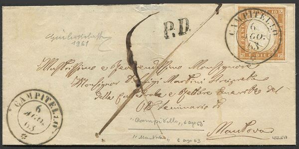 1863, Sardegna, lettera da Campitello per Mantova del 6 agosto 1863