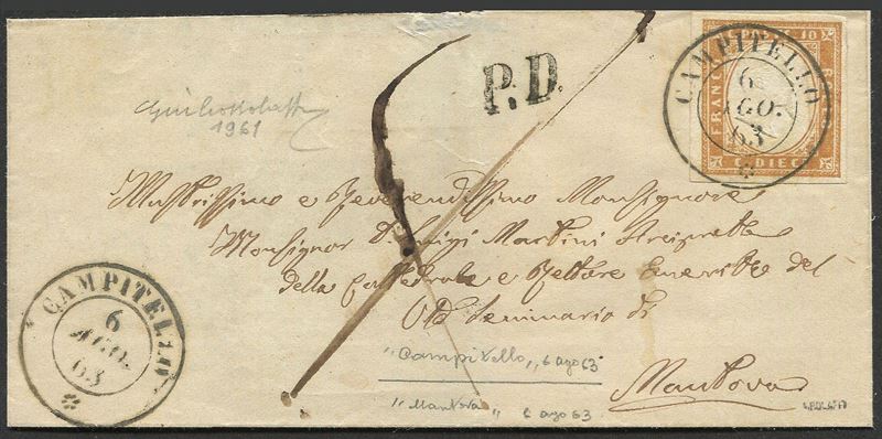 1863, Sardegna, lettera da Campitello per Mantova del 6 agosto 1863  - Auction Postal History and Philately - Cambi Casa d'Aste
