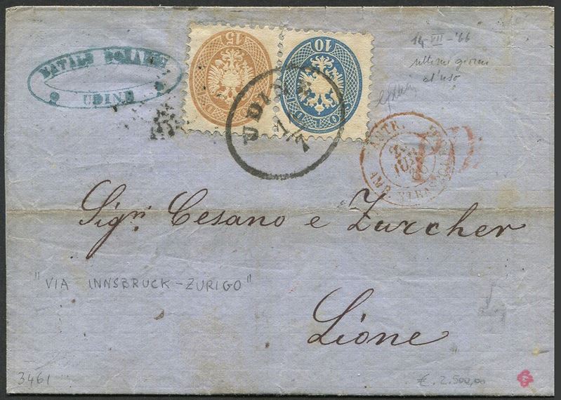 1866, Terza guerra d'Indipendenza, lettera da Udine per Lione del 14 luglio 1866  - Auction Postal History and Philately - Cambi Casa d'Aste