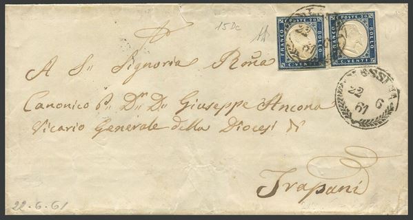 1861, Sicilia, lettera da Messina per Trapani dal 22 giugno 1861