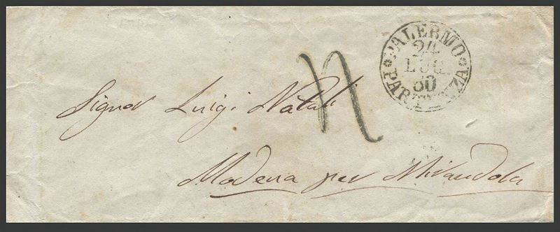 1860, Sicilia, Amministrazione Postale Siciliana dopo lo sbarco garibaldino, bustina da Palermo per Mirandola (Modena) del 24 luglio 1860  - Auction Postal History and Philately - Cambi Casa d'Aste