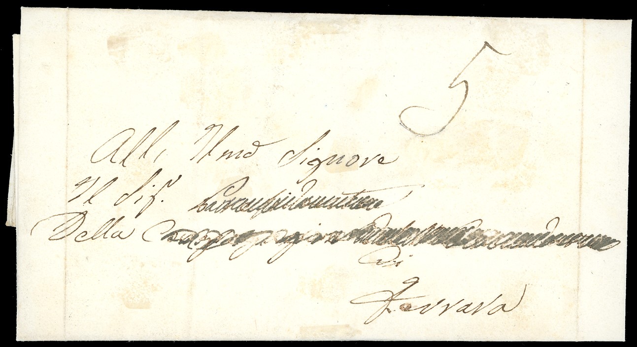Lettera in porto assegnato da Codigoro a Ferrara del 9/11/1859, tassata con 2 baj al verso