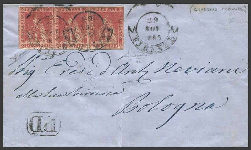 1859, Toscana, Governo Provvisorio, lettera da Firenze per Bologna del 29 novembre 1859  - Auction Postal History and Philately - Cambi Casa d'Aste