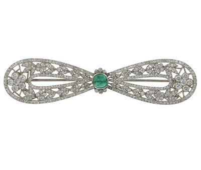 Spilla "fiocco" con Diamanti e Smeraldo Taglio Cabochon