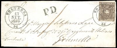 1860, Toscana, Governo Provvisorio, Frontespizio di Lettera da Volterra per Grumello (lombardia)