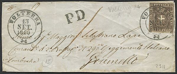 1860, Toscana, Governo Provvisorio, frontespizio di lettera da Volterra per Grumello (Lombardia)