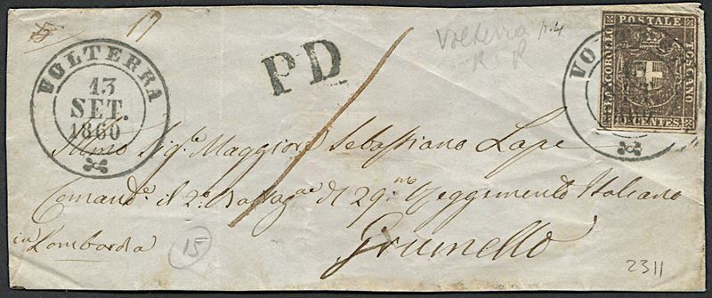 1860, Toscana, Governo Provvisorio, frontespizio di lettera da Volterra per Grumello (Lombardia)  - Auction Philately - Cambi Casa d'Aste
