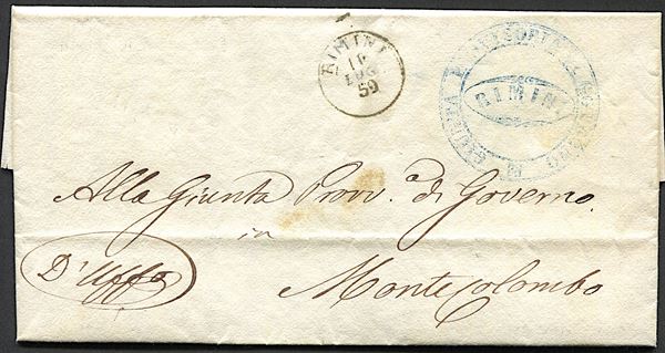 1859, Romagne, lettera in franchigia da Rimini per Montecolombo dell'11 luglio 1859
