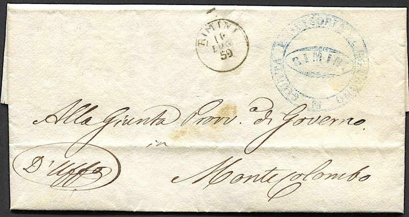 1859, Romagne, lettera in franchigia da Rimini per Montecolombo dell'11 luglio 1859  - Asta Filatelia - Cambi Casa d'Aste