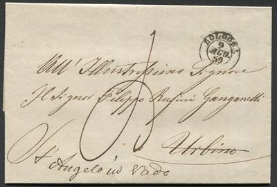 1859, Romagne, Lettera con Tassa a Carico del Destinatario da Bologna per Urbino