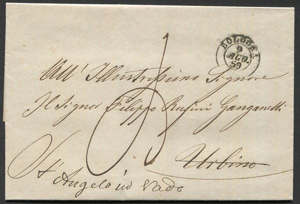 1859, Romagne, lettera con tassa a carico del destinatario da Bologna per Urbino