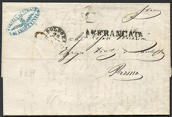 1859, Romagne, Amministrazione Postale post-Pontificia, Lettera da Bologna per Parma del 29 luglio 1859
