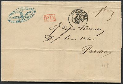 1859, Romagne, Amministrazione Postale Post-pontificia, Lettera da Bologna per Parma del 26 Agost...