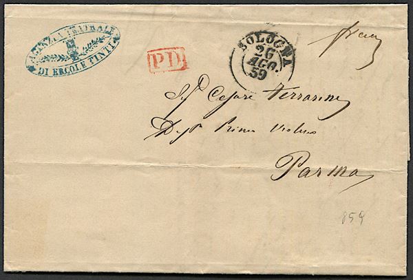 1859, Romagne, Amministrazione Postale post-Pontificia, Lettera da Bologna per Parma del 26 agosto 1859