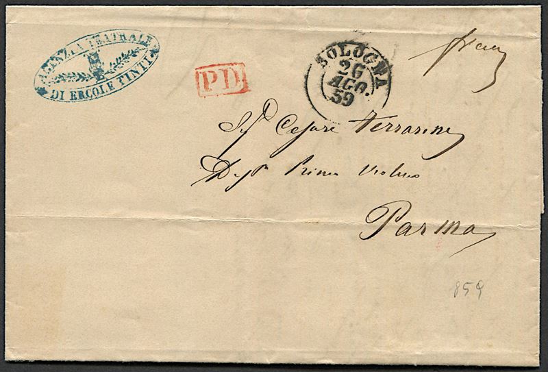 1859, Romagne, Amministrazione Postale post-Pontificia, Lettera da Bologna per Parma del 26 agosto 1859  - Asta Filatelia - Cambi Casa d'Aste