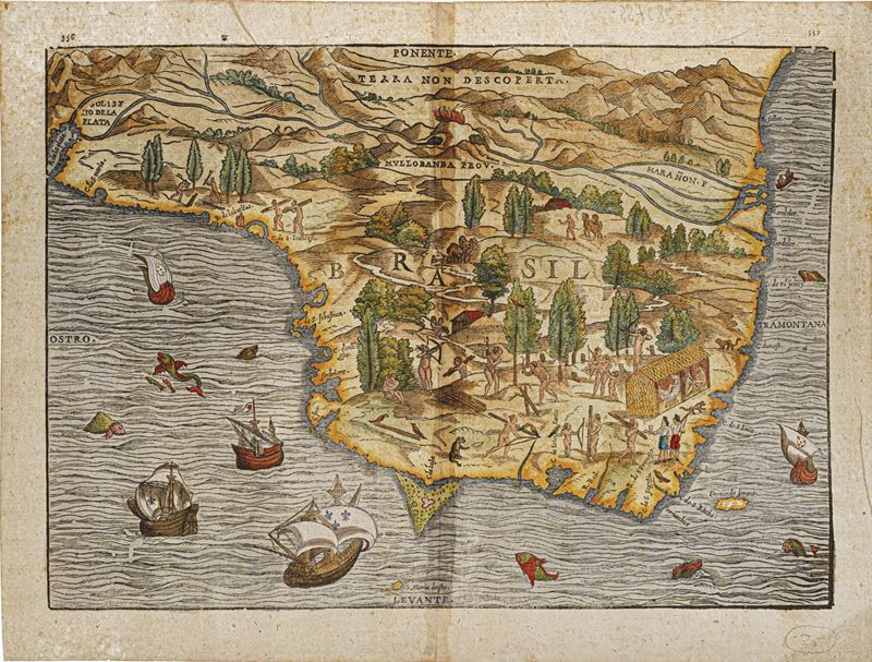 Giovanni Battista Ramusio Carta silografica raffigurante parte del Brasile... Venezia, 1556  - Asta Stampe, Vedute e Carte Geografiche - Cambi Casa d'Aste