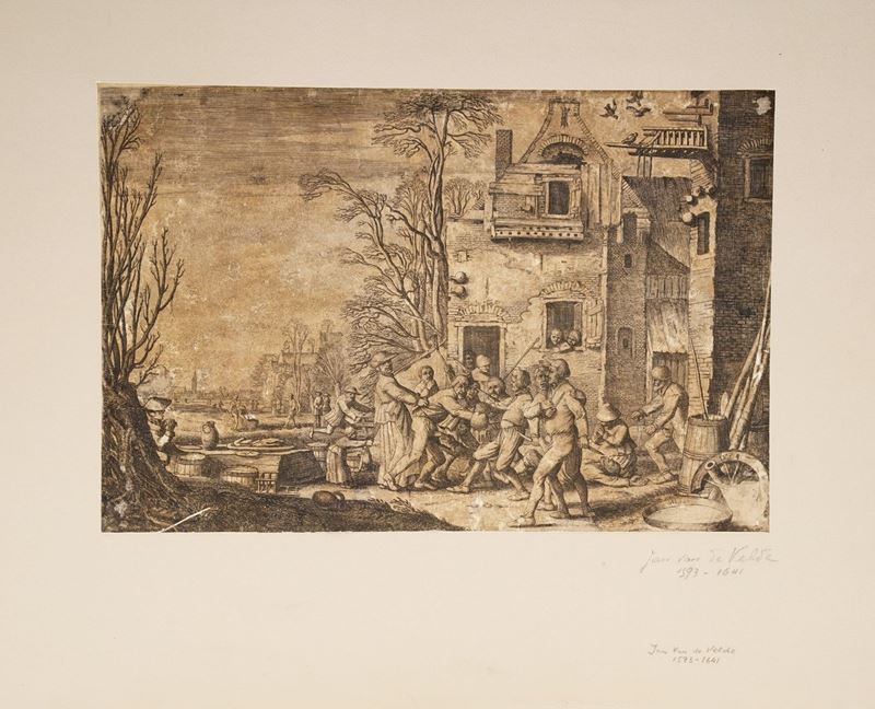 Jan Van De Velde (1593-1641) Scena di rissa davanti all’osteria... (Aia, 1617)  - Asta Stampe, Vedute e Carte Geografiche - Cambi Casa d'Aste