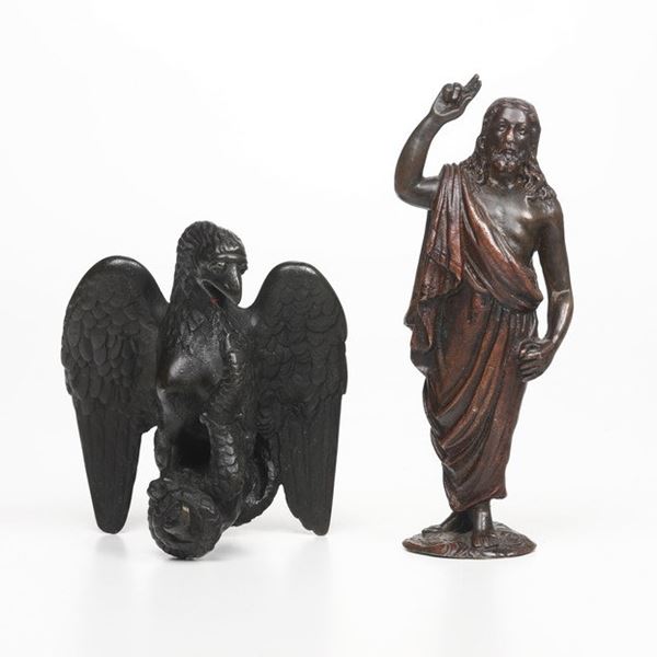 Due antichi bronzi, Cristo benedicente e aquila che ghermisce un serpente