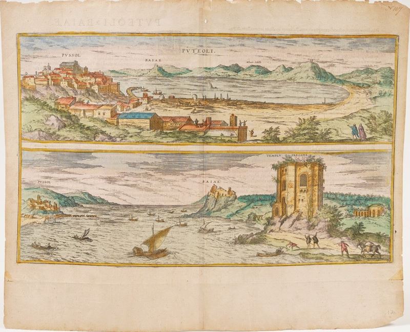 Braun Hogenberg (1541-1622) Veduta di Pozzuoli e di Baia... Fine secolo XVI inizio secolo XVII.  - Asta Stampe, Vedute e Carte Geografiche - Cambi Casa d'Aste
