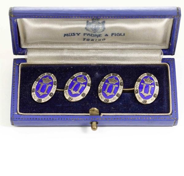 Pair of enamel and silver cufflinks. Fitted case Musy Padre & Figli Torino