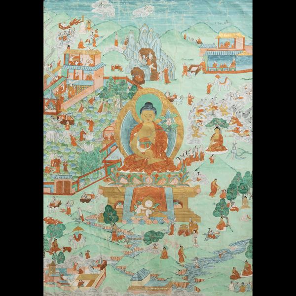 Thangka su seta raffigurante Buddha Shakyamuni e paesaggi con scene di vita comune, Cina, XVIII secolo