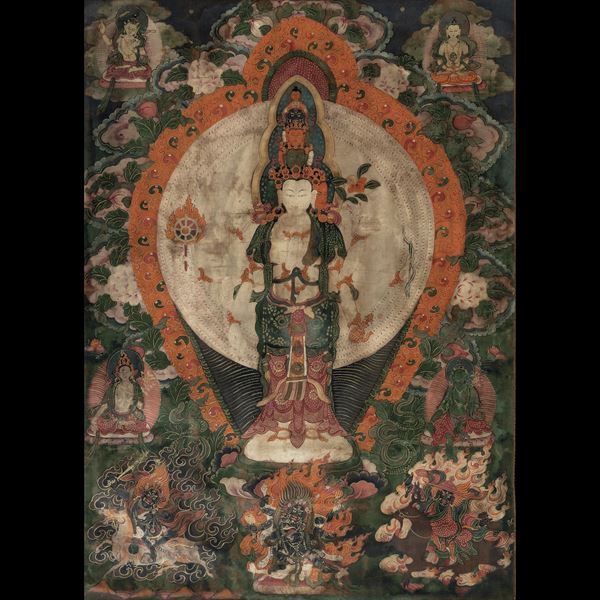 Thangka in seta raffigurante Avalokiteshvara e altri personaggi, Tibet, XIX secolo