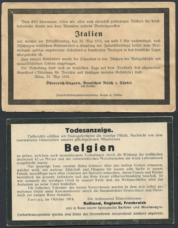 1915, Prima Guerra Mondiale, due cartoline di propaganda austro-tedesche listate a lutto, contro il Belgio e contro l'Italia