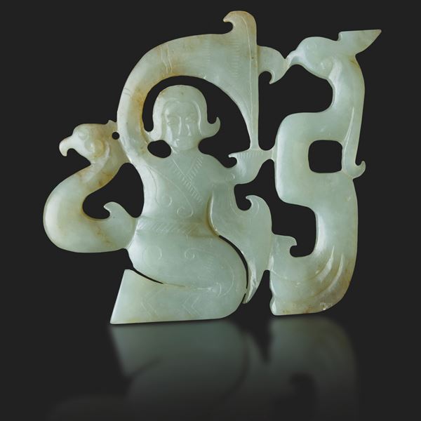 Celadon jade and russet carved plaque with fretwork female figure, China, Qing Dynasty, 19th century