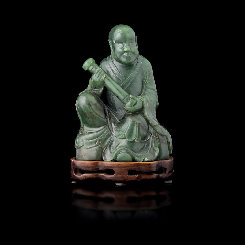 Figura di saggio in giada spinacio, Cina, Repubblica, XX secolo  - Asta Fine Chinese Works of Art - Cambi Casa d'Aste
