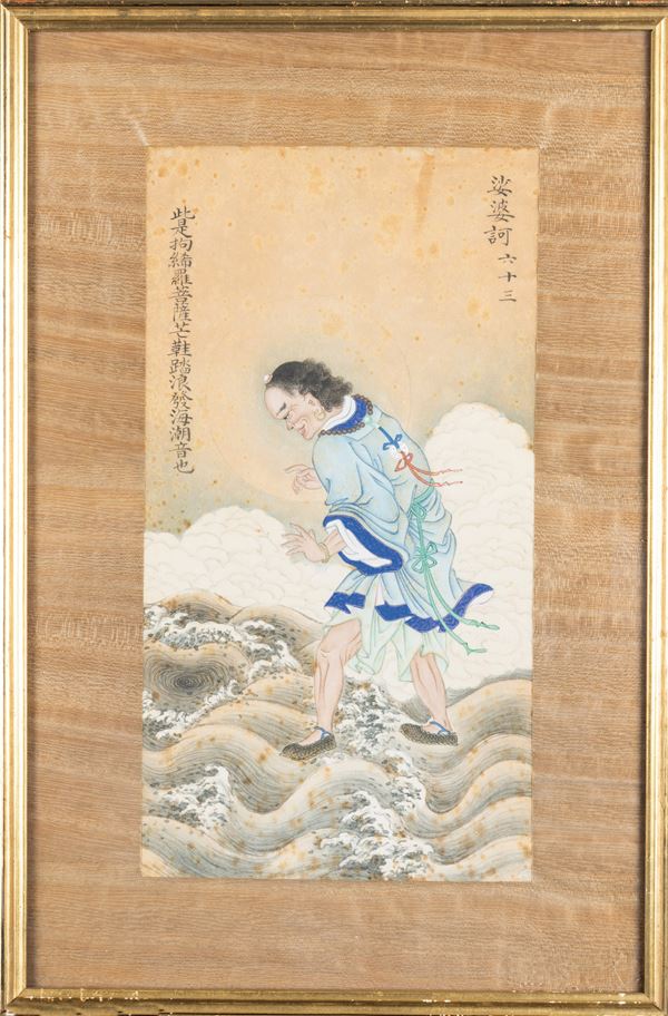 Coppia di dipinti su carta raffiguranti saggi con iscrizioni, Cina, Dinastia Qing, XX secolo