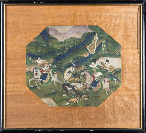 Coppia di dipinti su carta raffiguranti scene di battaglia, Cina, Dinastia Qing, XIX secolo