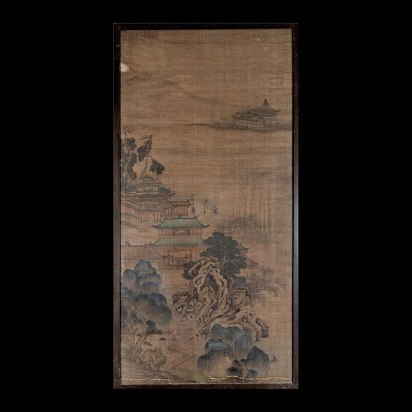 Dipinto su seta a decoro di paesaggio, Cina, Dinastia Qing, XIX secolo