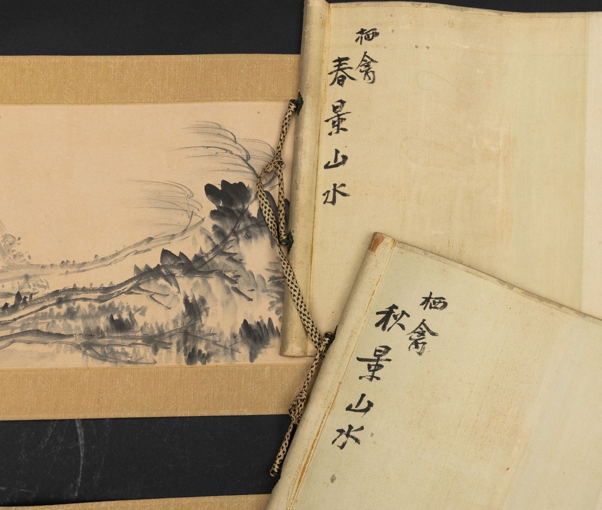Coppia di scrolls, paesaggi con iscrizioni su carta, Cina, Dinastia Qing, XIX secolo
