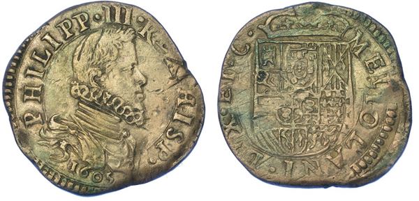 MILANO.  FILIPPO III D'ASBURGO, 1598-1621. Denaro da 5 soldi 1605.