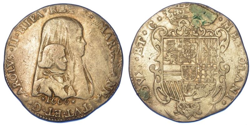 MILANO. CARLO II DI SPAGNA - REGGENZA DI MARIA ANNA D'AUSTRIA, 1665-1675. Filippo o Carlo 1666.  - Asta Numismatica - I - Cambi Casa d'Aste