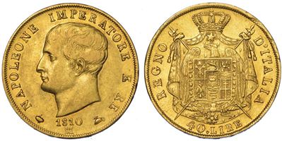 Milano. Napoleone I, 1805-1814. 40 Lire 1810 (II Tipo, Puntali Aguzzi).