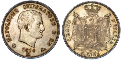 Milano. Napoleone I, 1805-1814. 5 Lire 1814 (II Tipo, Puntali Sagomati).