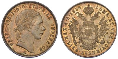 Milano. Francesco Giuseppe i D'asburgo Lorena, 1848-1866. Lira Austriaca 1854.
