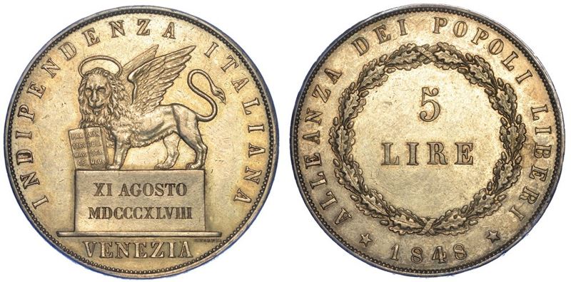 VENEZIA. GOVERNO PROVVISORIO DI VENEZIA, 1848-1849. 5 Lire 1848 (I tipo).  - Asta Numismatica - I - Cambi Casa d'Aste