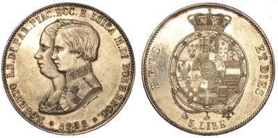Parma. Roberto di Borbone - Reggenza della Madre Luisa Maria, 1854-1859. 5 Lire 1858.